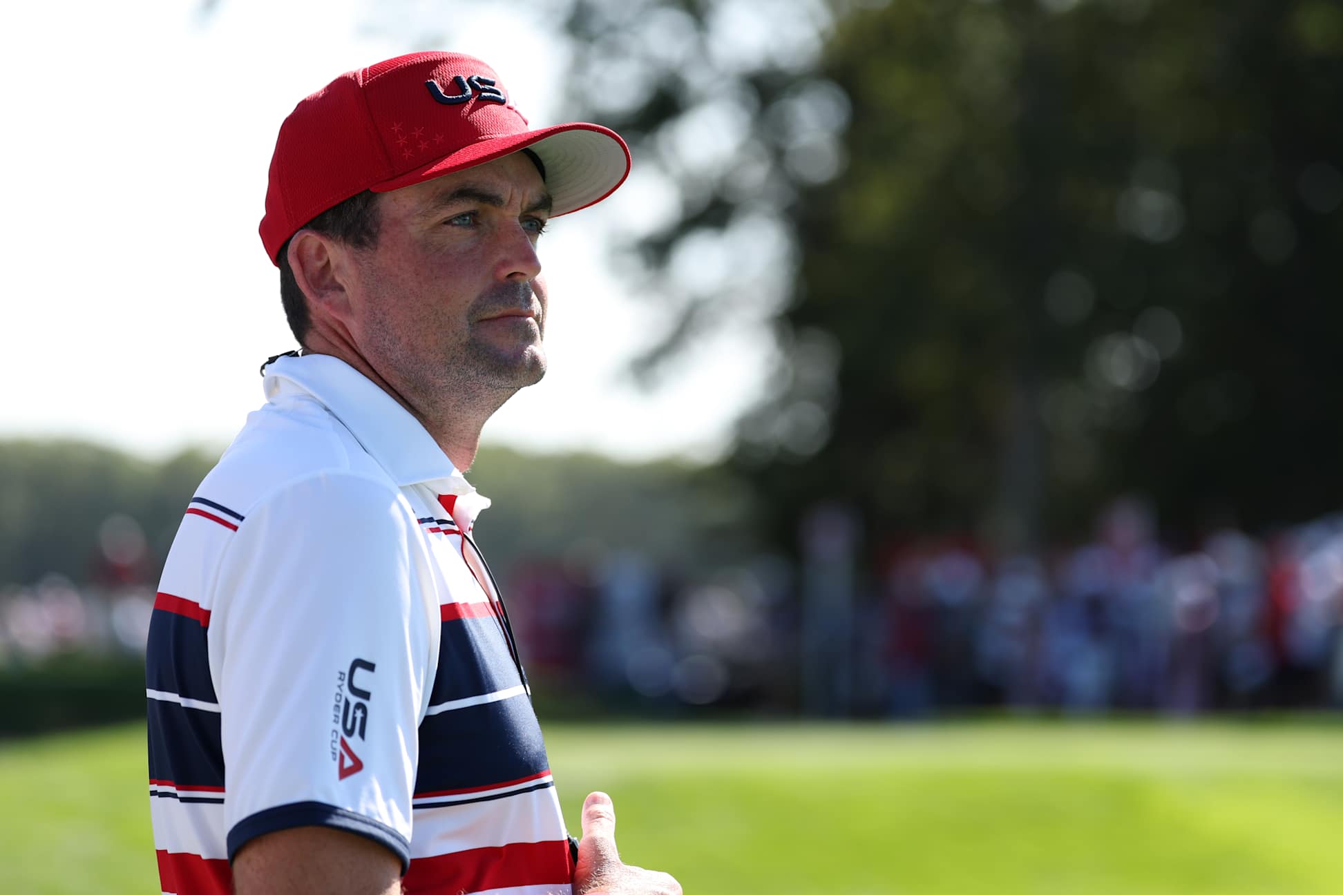 FARMINGDALE, NEW YORK - SEPTEMBER 28: Captain Keegan Bradley of Team United States looks on during the Sunday singles matches of the 2025 Ryder Cup at Black Course at Bethpage State Park Golf Course on September 28, 2025 in Farmingdale, New York. (Photo by Richard Heathcote/Getty Images)