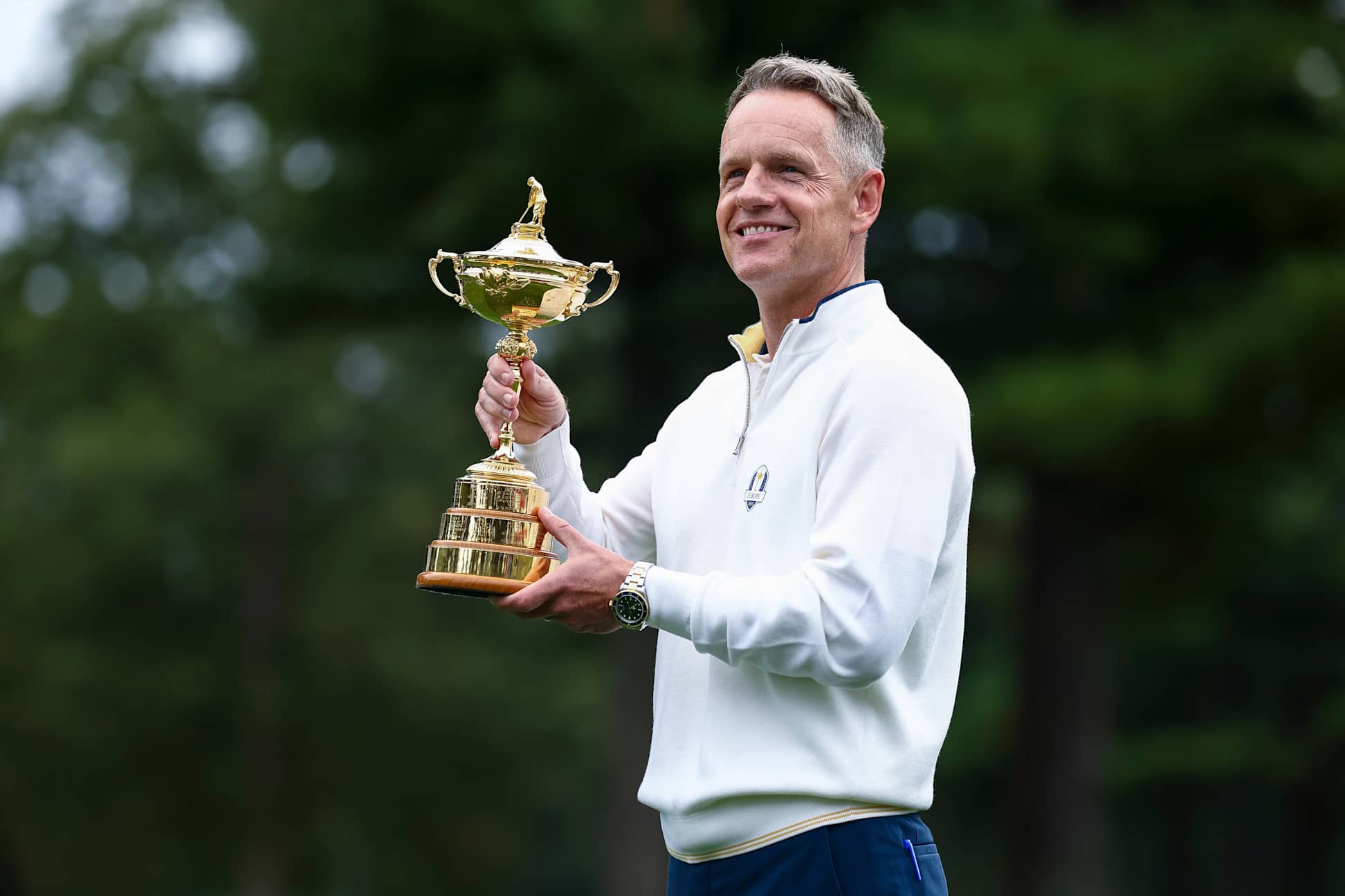 FARMINGDALE, NEW YORK - SEPTEMBER 23: Captain Luke Donald of Team Europe poses with the Ryder Cup trophy prior to the Ryder Cup 2025 at Black Course at Bethpage State Park Golf Course on September 23, 2025 in Farmingdale, New York. (Photo by Jared C. Tilton/Getty Images)