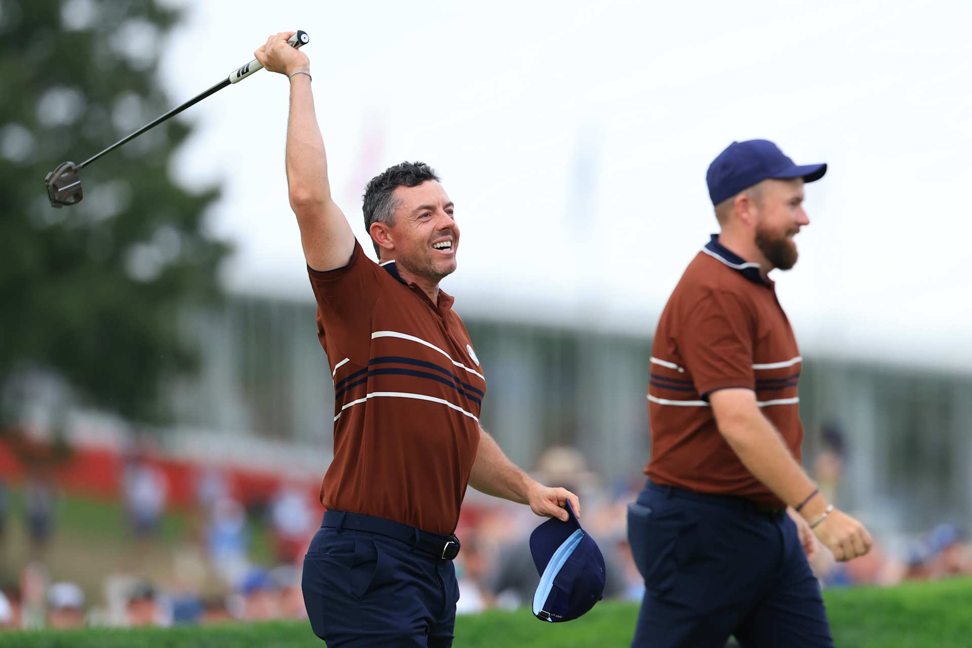 FARMINGDALE, NEW YORK - SEPTEMBER 27:  Rory McIlroy & Shane Lowry of Europe celebrate winning their match during the Saturday afternoon four-balls matches of the 2025 Ryder Cup at Black Course at Bethpage State Park Golf Course on September 27, 2025 in Farmingdale, New York. (Photo by David Cannon/Getty Images)